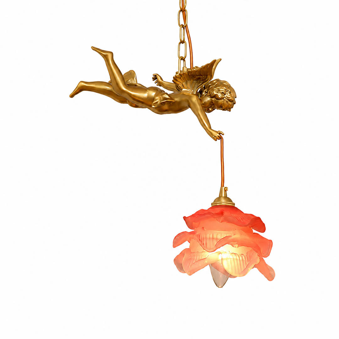 Serafino pendant light right facing angel brass and pink blush glass petal shade small single mini pendant brass finish white background front view