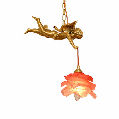 Serafino pendant light right facing angel brass and pink blush glass petal shade small single mini pendant brass finish white background front view