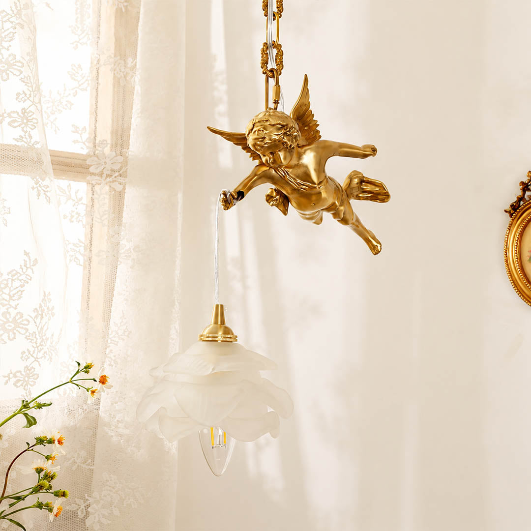 Serafino pendant light brass and white single angel entry foyer console fresh flowers warm characterful American home lifestyle interior