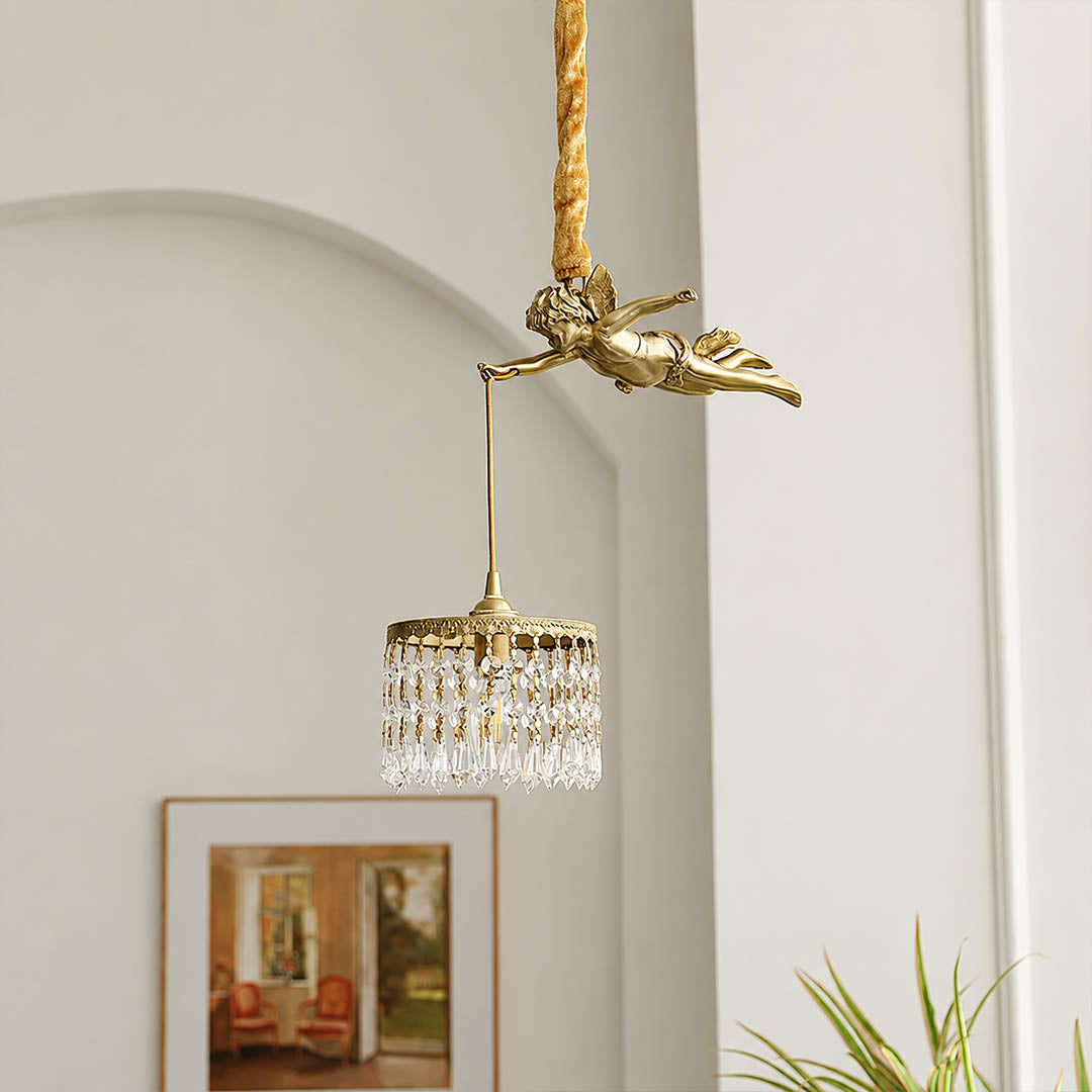 Serafino cascade pendant brass finish angel crystal single entry foyer hanging vintage warm characterful welcoming American home lifestyle interior