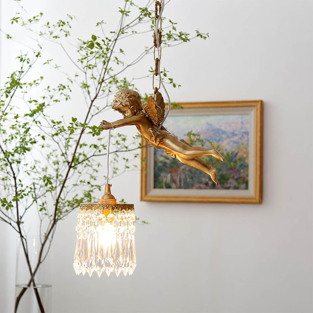 Serafino cascade pendant brass finish flying cherub angel sculpted figure vintage baroque detail close up craftsmanship