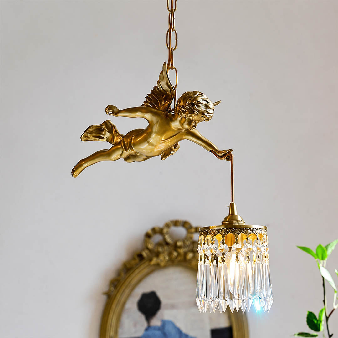 Serafino cascade pendant brass finish flying cherub angel sculpted figure vintage baroque detail close up craftsmanship
