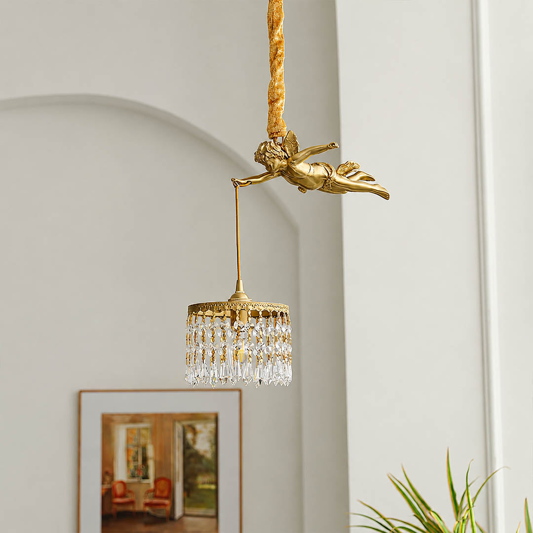 Serafino cascade pendant brass finish angel crystal single entry foyer hanging vintage warm characterful welcoming American home lifestyle interior