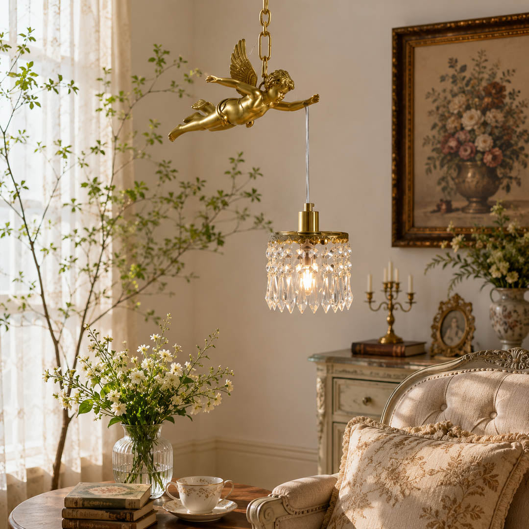 Serafino cascade pendant brass finish angel crystal single living room corner feature vintage baroque sculptural warm American home lifestyle interior