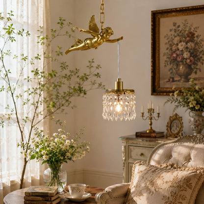 Serafino cascade pendant brass finish angel crystal single living room corner feature vintage baroque sculptural warm American home lifestyle interior