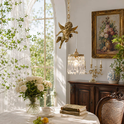Serafino cascade pendant brass finish angel crystal single living room corner feature vintage baroque sculptural warm American home lifestyle interior