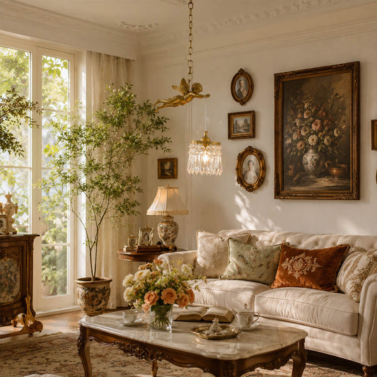 Serafino cascade pendant brass finish angel crystal single living room corner feature vintage baroque sculptural warm American home lifestyle interior