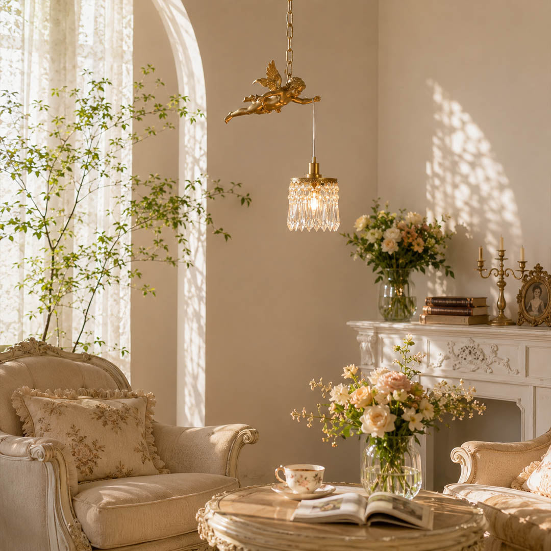 Serafino cascade pendant brass finish angel crystal single living room corner feature vintage baroque sculptural warm American home lifestyle interior