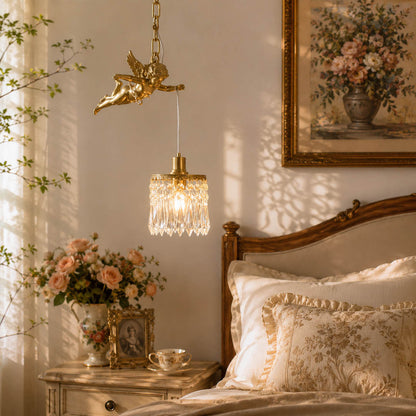Serafino cascade pendant brass finish angel crystal pair either side of bed primary bedroom bedside symmetrical warm romantic glamorous American home lifestyle interior