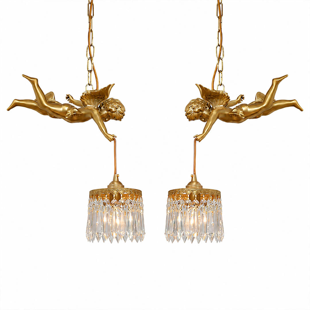 Serafino cascade pendant brass finish flying angel cherub crystal pair left right mirrored vintage baroque 9.8 inch white background front view