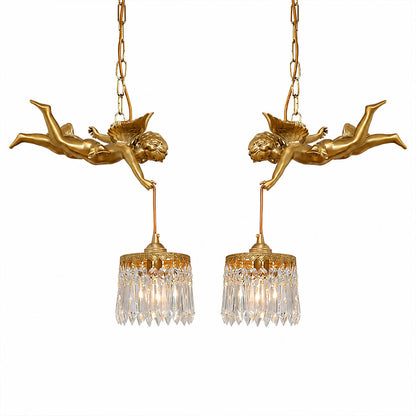 Serafino cascade pendant brass finish flying angel cherub crystal pair left right mirrored vintage baroque 9.8 inch white background front view