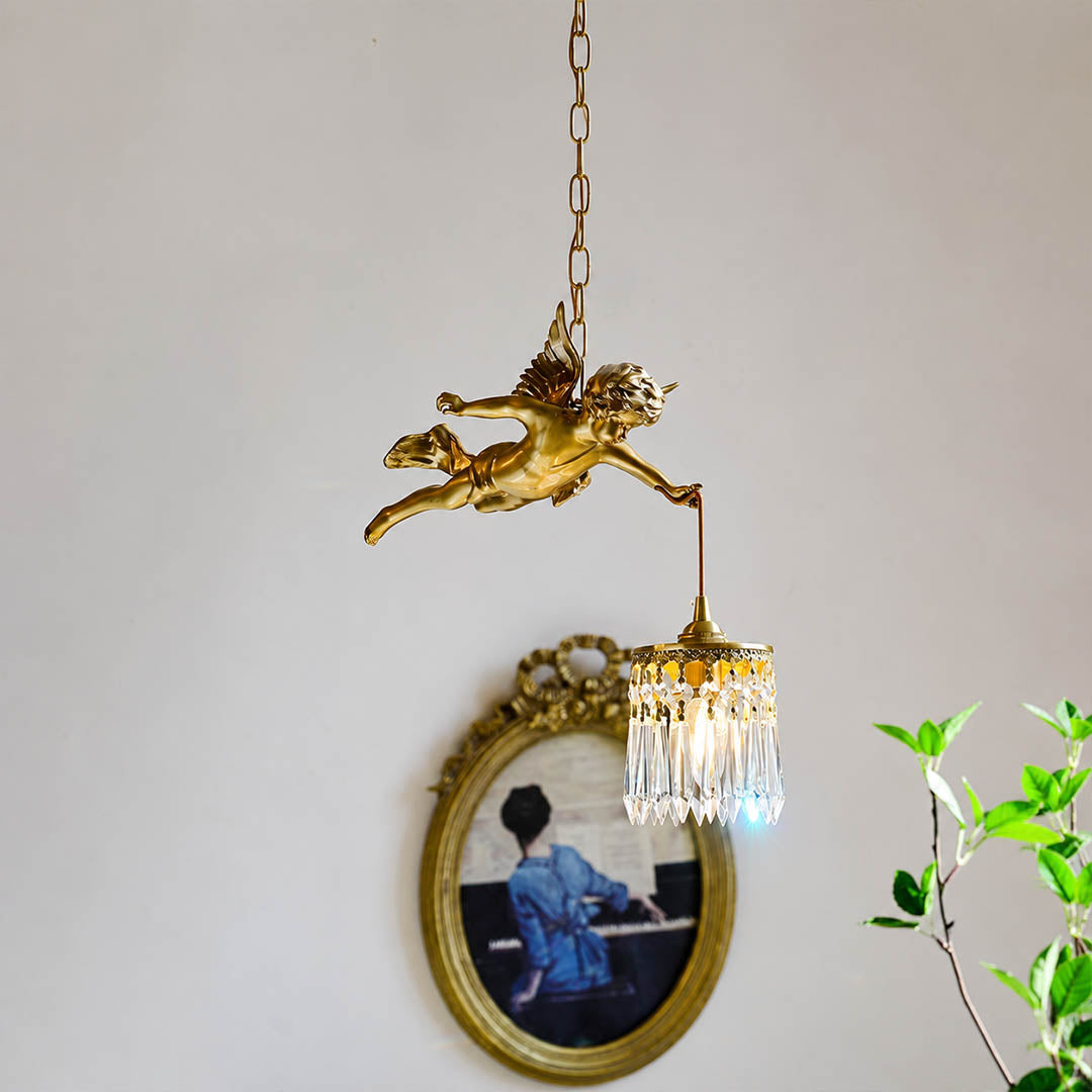 Serafino cascade pendant brass finish angel crystal single living room corner feature vintage baroque sculptural warm American home lifestyle interior