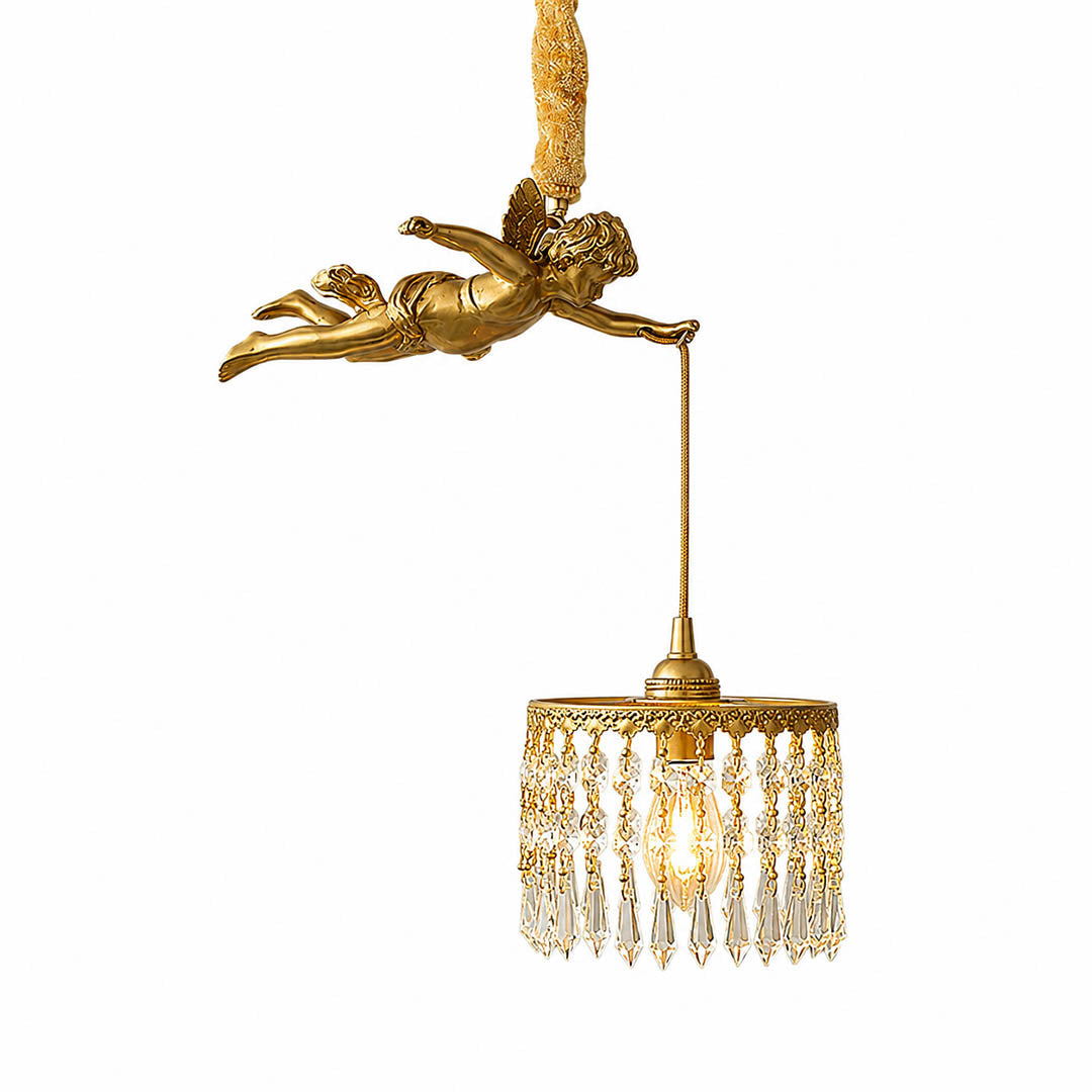 Serafino cascade pendant left facing brass finish flying angel cherub crystal drops single mini pendant vintage baroque white background front view