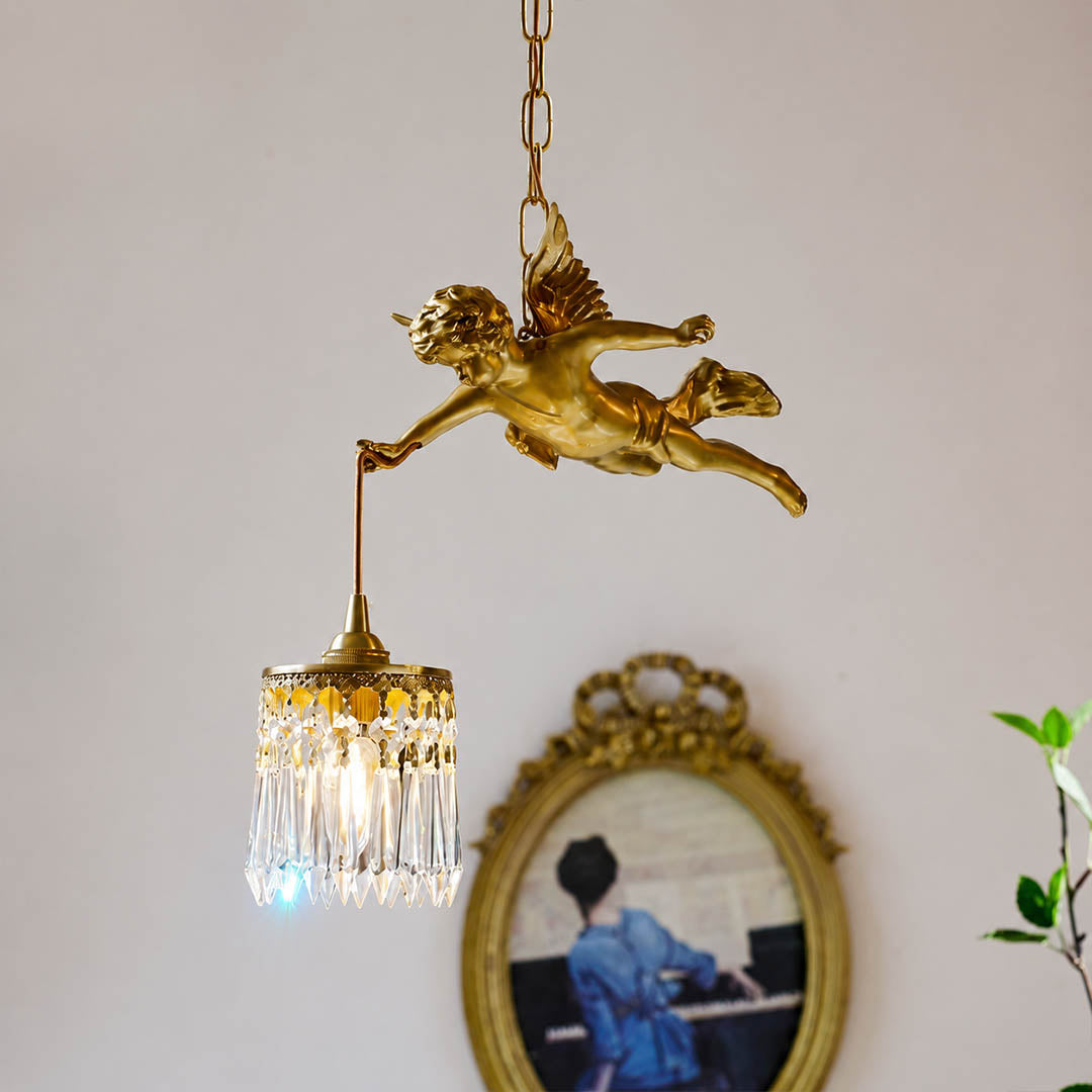 Serafino cascade pendant brass finish flying cherub angel sculpted figure vintage baroque detail close up craftsmanship
