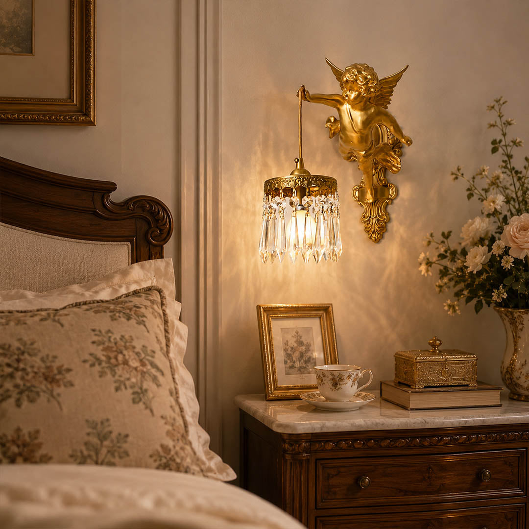 Serafino wall sconce brass finish angel pair either side of bed primary bedroom bedside symmetrical warm romantic American home lifestyle interior