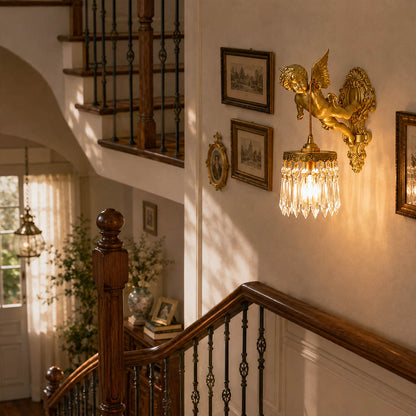 Serafino wall sconce brass finish angel stairway wall vintage warm glow architectural accent American home lifestyle interior