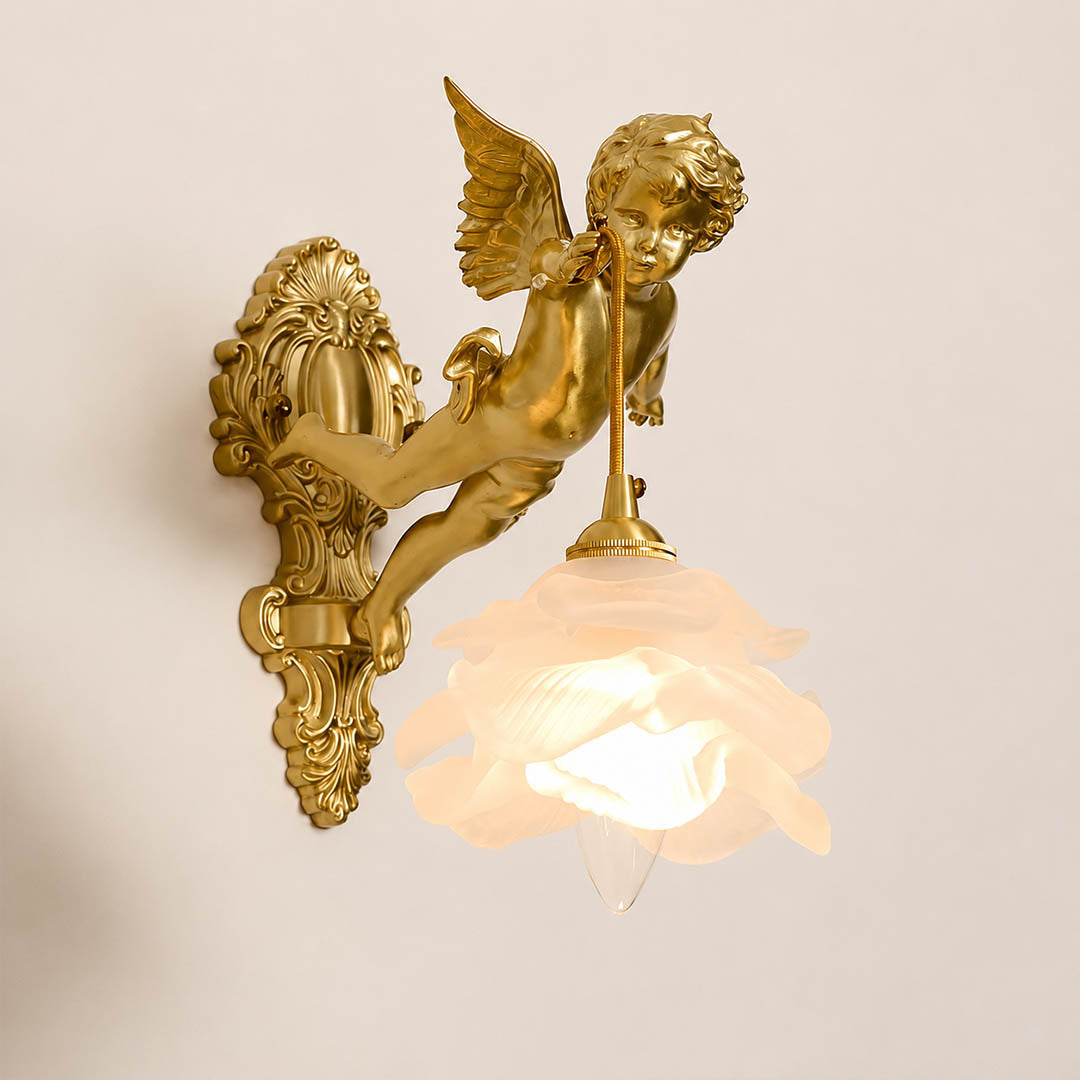 Serafino wall sconce Style B right facing brass finish angel cherub glass flower shade single vintage sconce white background front view