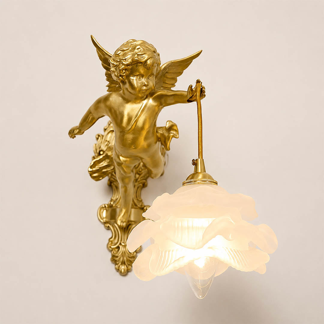 Serafino wall sconce Style B left facing brass finish angel cherub glass flower shade single vintage sconce white background front view