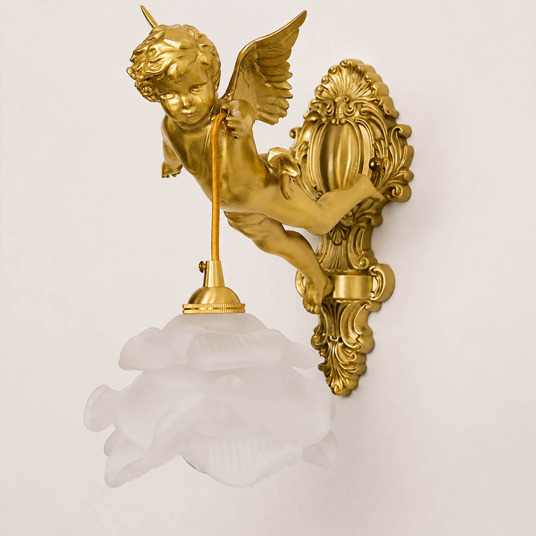 Serafino wall sconce Style B left facing brass finish angel cherub glass flower shade single vintage sconce white background front view