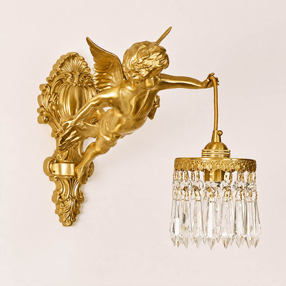Serafino wall sconce Style A left facing brass finish angel cherub glass flower shade single vintage sconce white background front view