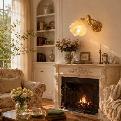 Serafino wall sconce brass finish angel living room feature wall beside framed portrait vintage baroque warm American home lifestyle interior