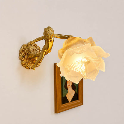 Serafino wall sconce Style C brass finish angel cherub wide glass flower shade vintage baroque 11.8 inch single white background front view