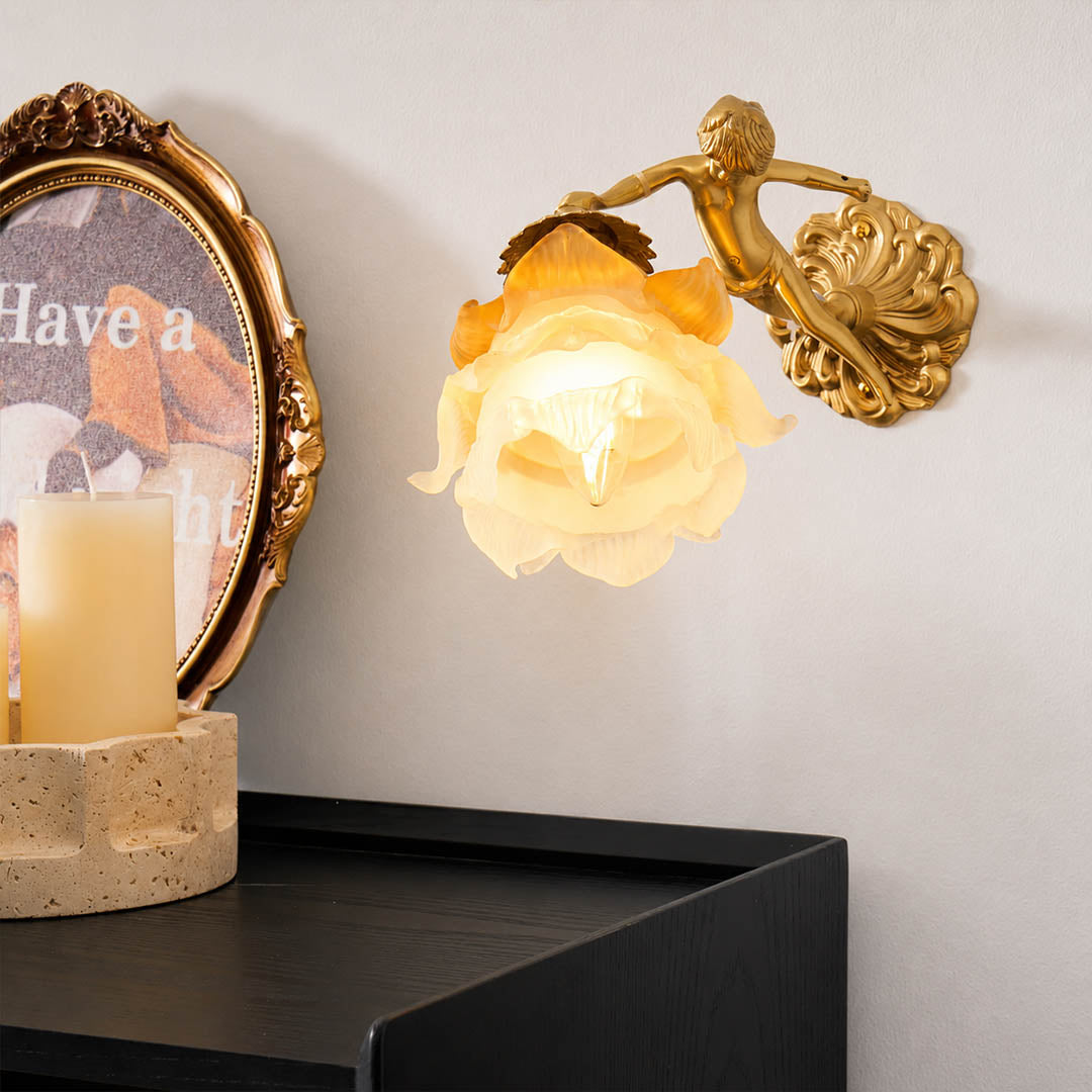 Serafino wall sconce brass finish angel single entry foyer console vintage warm characterful welcoming American home lifestyle interior