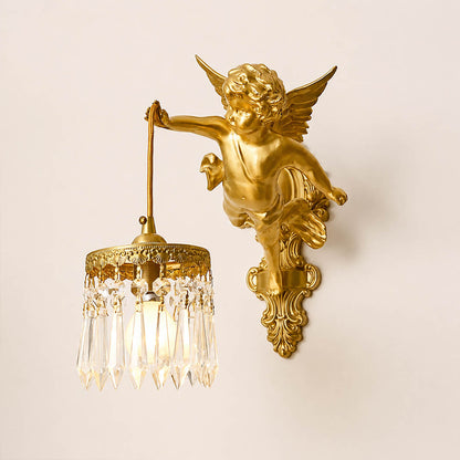 Serafino wall sconce Style A right facing brass finish angel cherub glass flower shade single vintage sconce white background front view