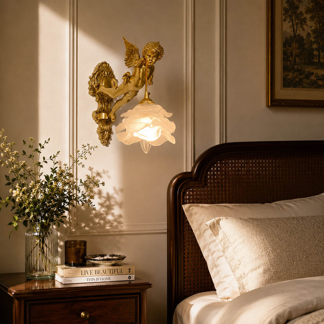 Serafino wall sconce brass finish angel pair either side of bed primary bedroom bedside symmetrical warm romantic American home lifestyle interior