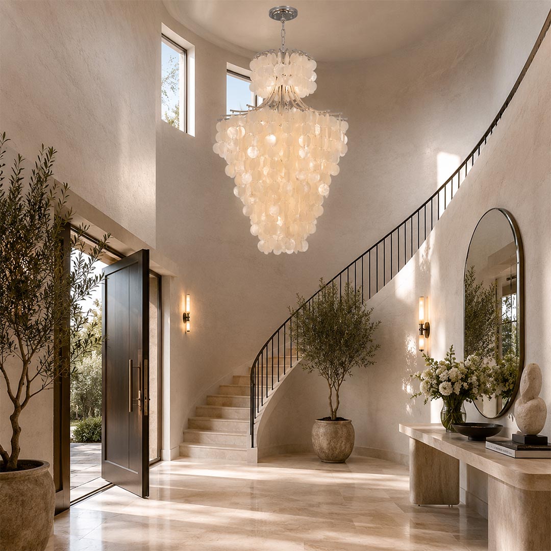 Large Wabi-Sabi tier chandelier hanging above a grand curved staircase in a bright, high-ceiling entryway.