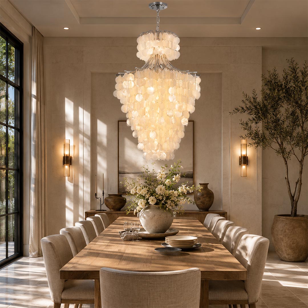 Minimalist statement lighting fixture over a long wooden dining table surrounded by beige chairs and warm wall sconces.