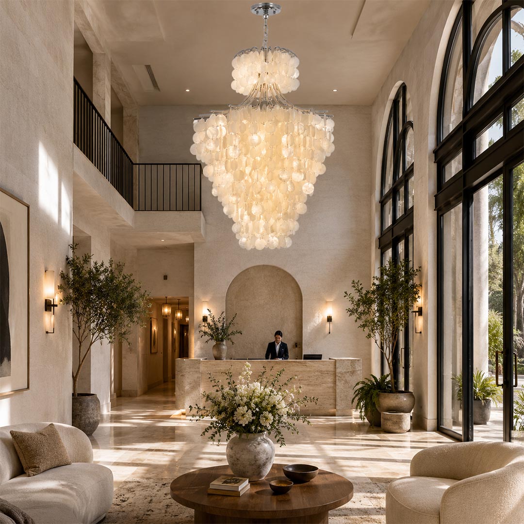 Elegant tiered chandelier in a spacious organic modern villa lobby with large arched windows and natural light.