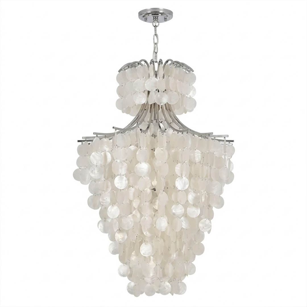 Serena double tier Capiz shell chandelier Chrome polished silver 9 heads 19 inch Coastal modern cascading waterfall pearl shells white background