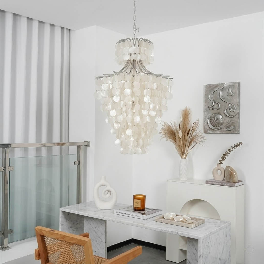 Serena Chrome double tier Capiz shell chandelier modern vaulted cathedral living room 14 ft ceiling Coastal contemporary warm glow lifestyle