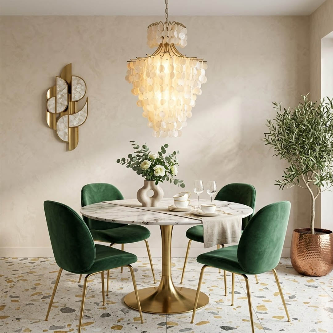 Serena Gold double tier Capiz shell chandelier grand dining room large table 10 seater Coastal mansion warm pearl glow lifestyle interior