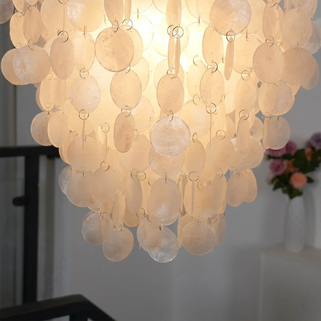 Serena Capiz shell translucent natural pearl iridescent close up detail Coastal Boho beach house authentic craftsmanship