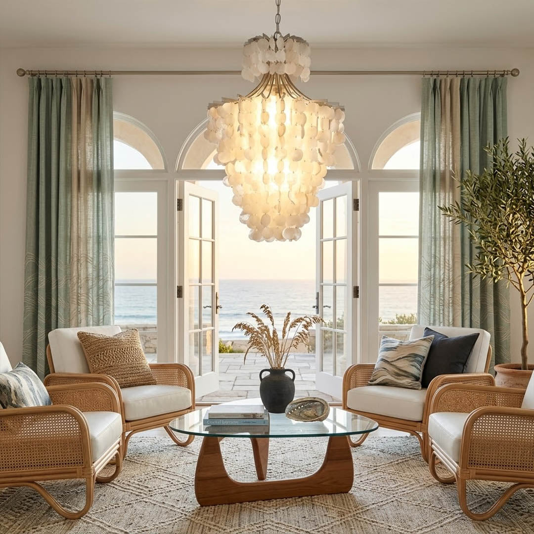 Serena Gold double tier Capiz shell chandelier grand dining room large table 10 seater Coastal mansion warm pearl glow lifestyle interior