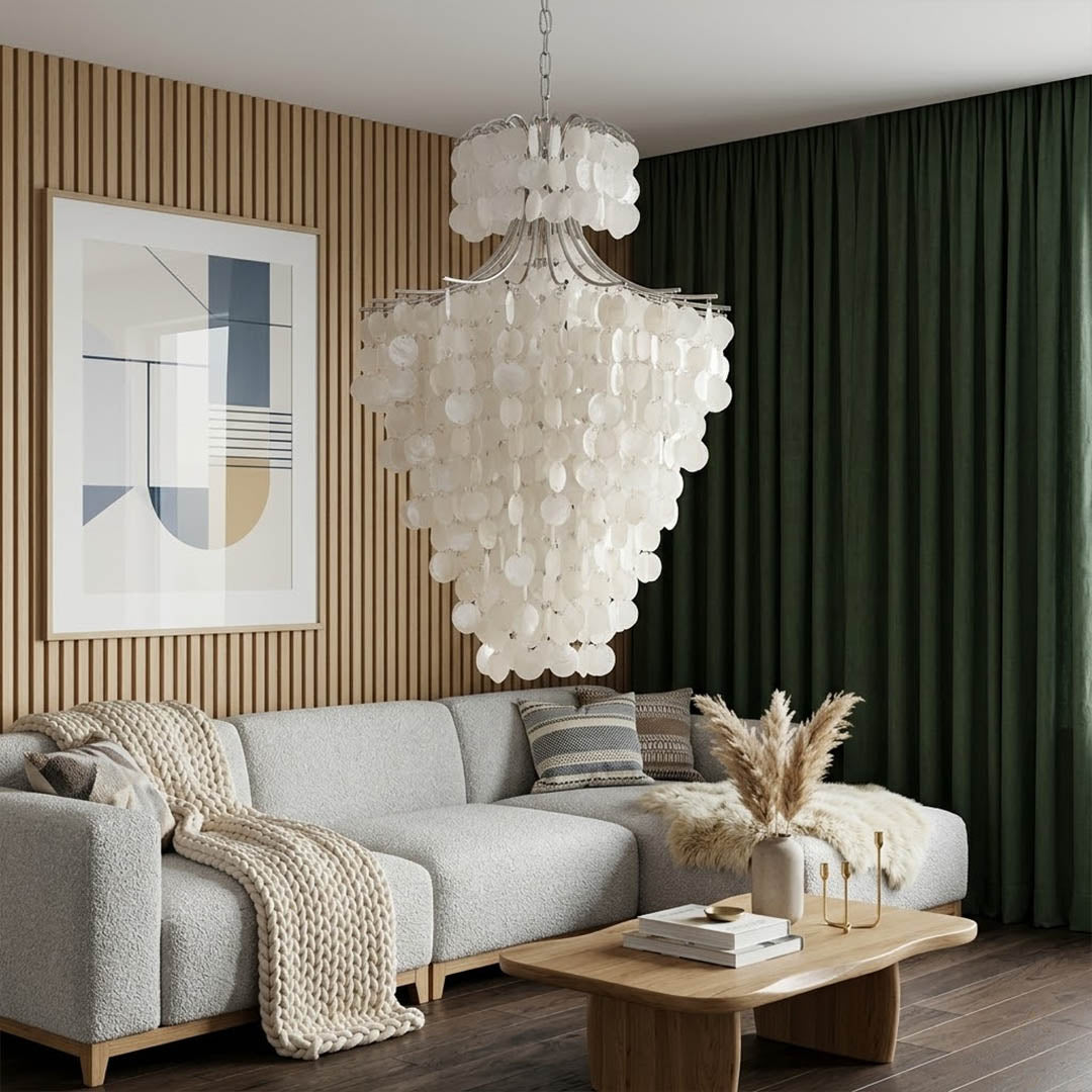 Serena Chrome double tier Capiz shell chandelier modern vaulted cathedral living room 14 ft ceiling Coastal contemporary warm glow lifestyle