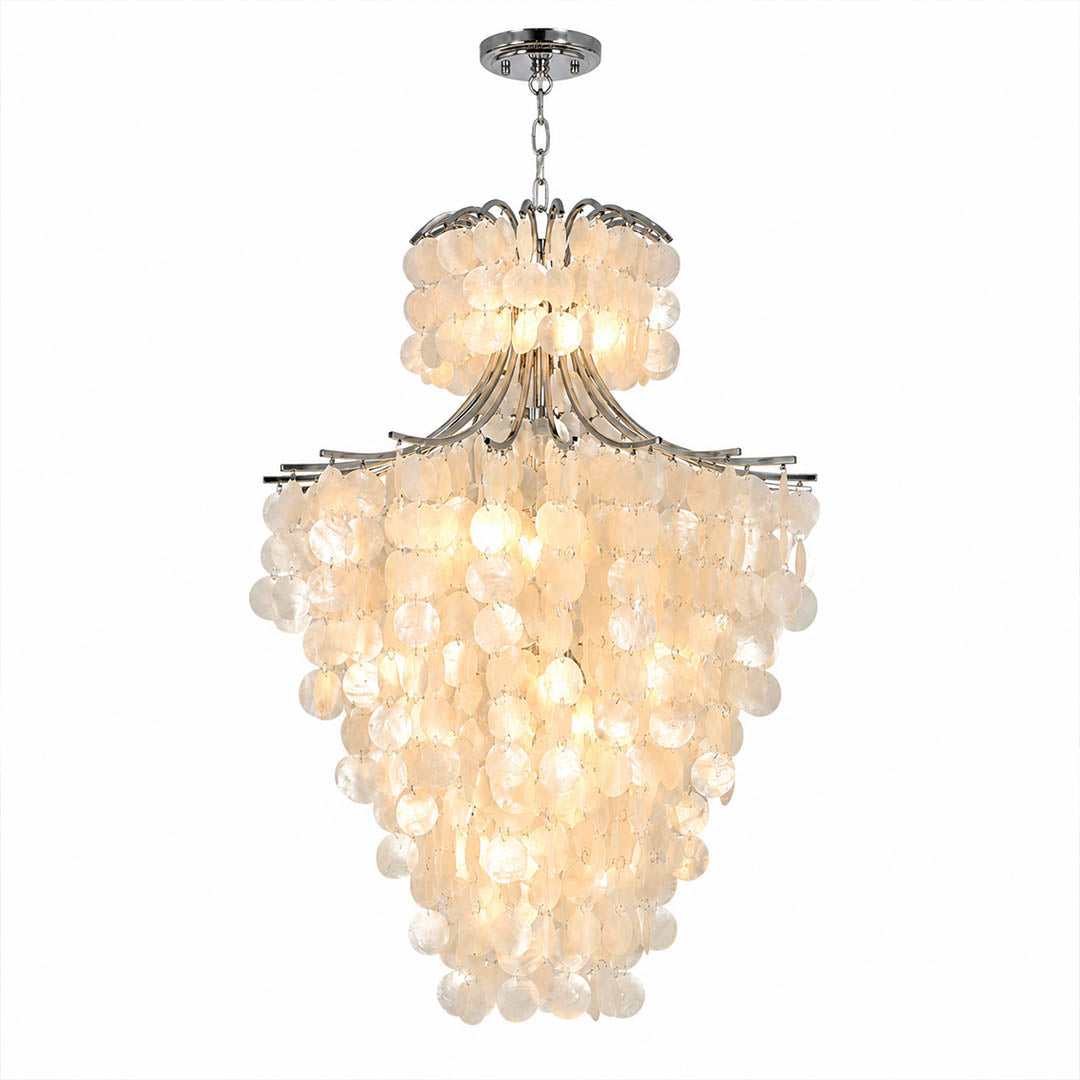Serena double tier Capiz shell chandelier Chrome polished silver 9 heads 19 inch Coastal modern cascading waterfall pearl shells white background