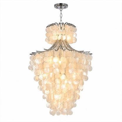 Serena double tier Capiz shell chandelier Chrome polished silver 9 heads 19 inch Coastal modern cascading waterfall pearl shells white background