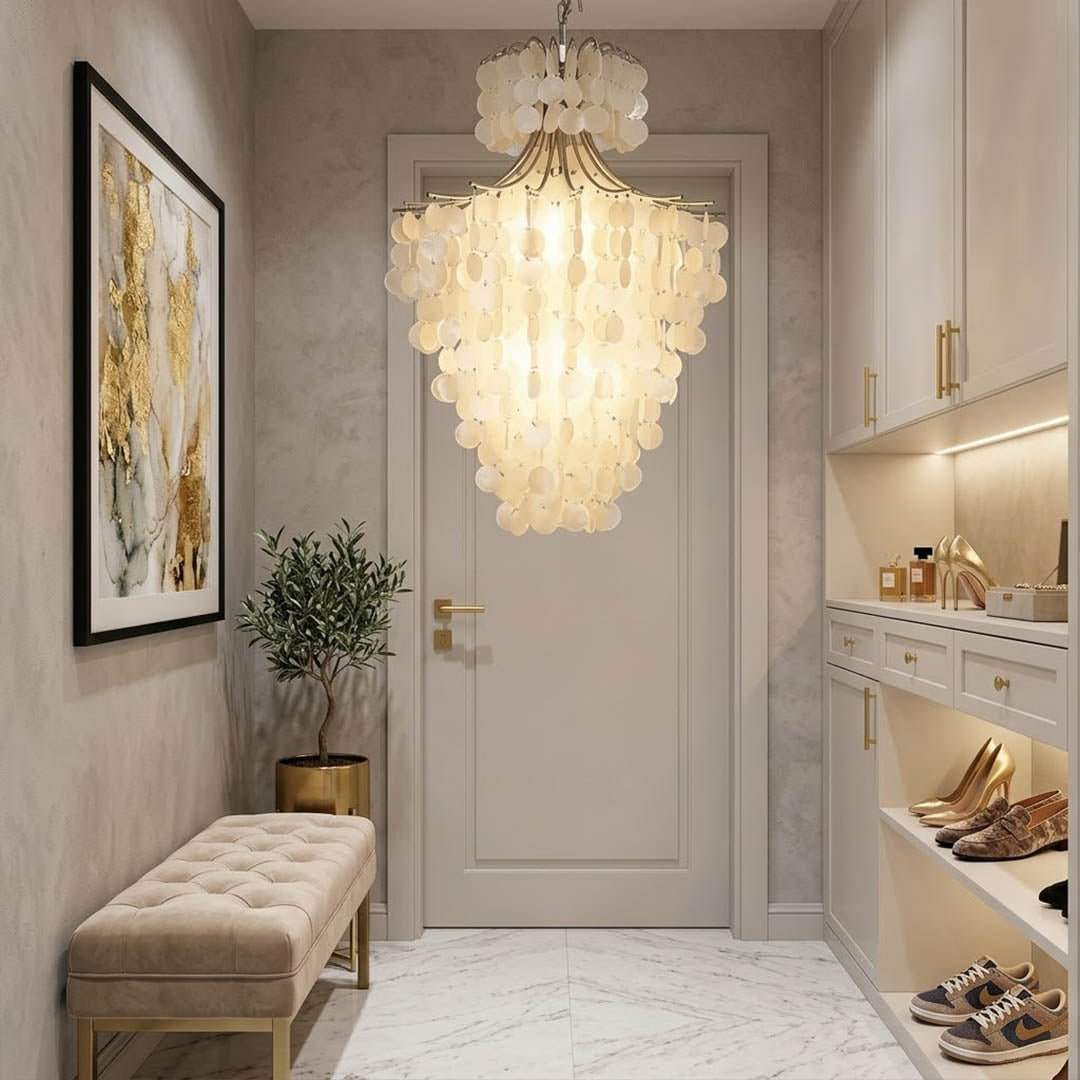 Serena Chrome double tier Capiz shell chandelier modern vaulted cathedral living room 14 ft ceiling Coastal contemporary warm glow lifestyle