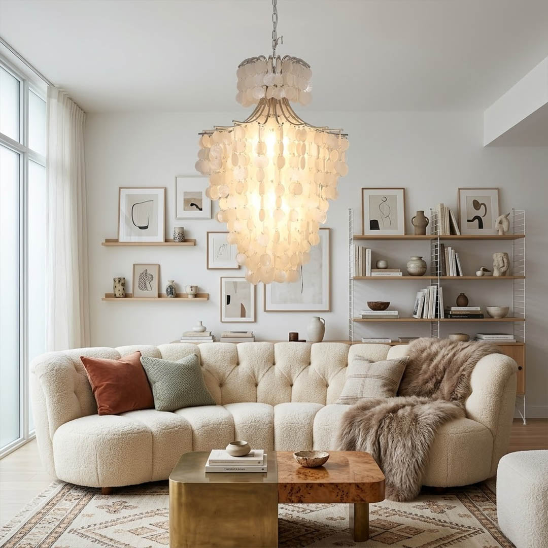 Serena Chrome double tier Capiz shell chandelier modern vaulted cathedral living room 14 ft ceiling Coastal contemporary warm glow lifestyle