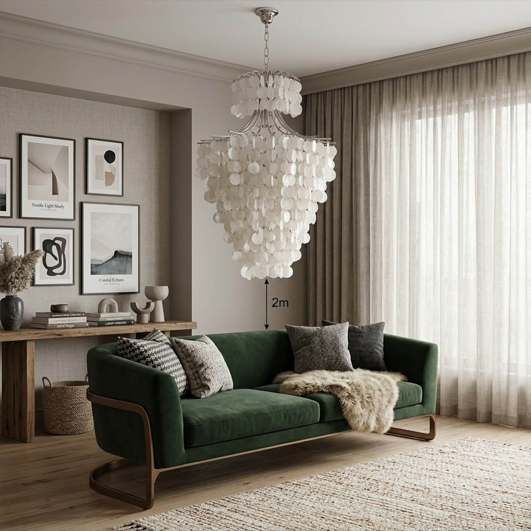 Serena Chrome double tier Capiz shell chandelier modern vaulted cathedral living room 14 ft ceiling Coastal contemporary warm glow lifestyle