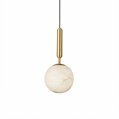 Sfera alabaster globe pendant light small single natural stone sphere brass stem black cord white background front view