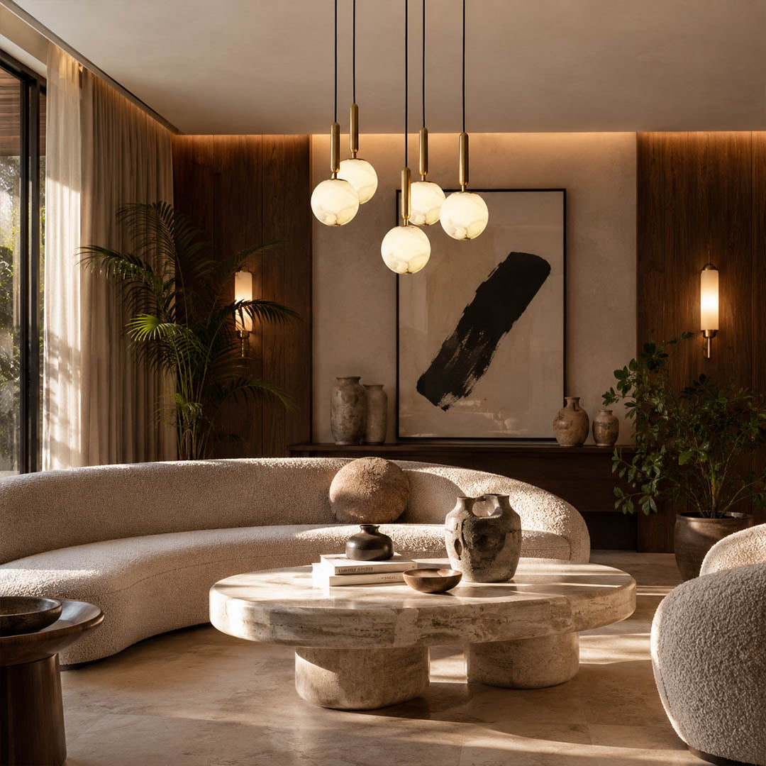 Sfera alabaster globe pendant light entryway foyer console mirror natural stone brass warm welcoming American home lifestyle interior