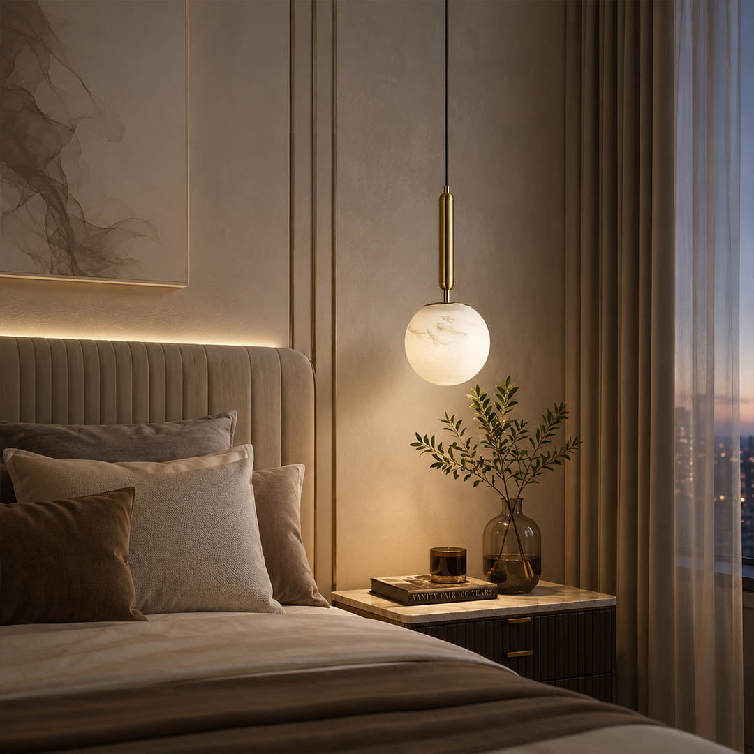Sfera alabaster globe pendant light bedroom bedside single natural stone sphere brass warm glow cozy American home lifestyle interior