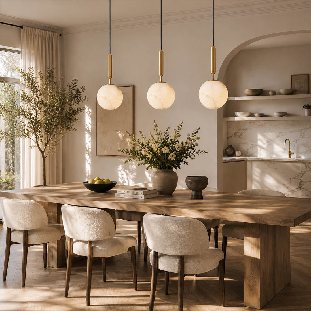 Sfera alabaster globe pendant light kitchen island above counter pair natural stone brass warm glow American home lifestyle interior styled