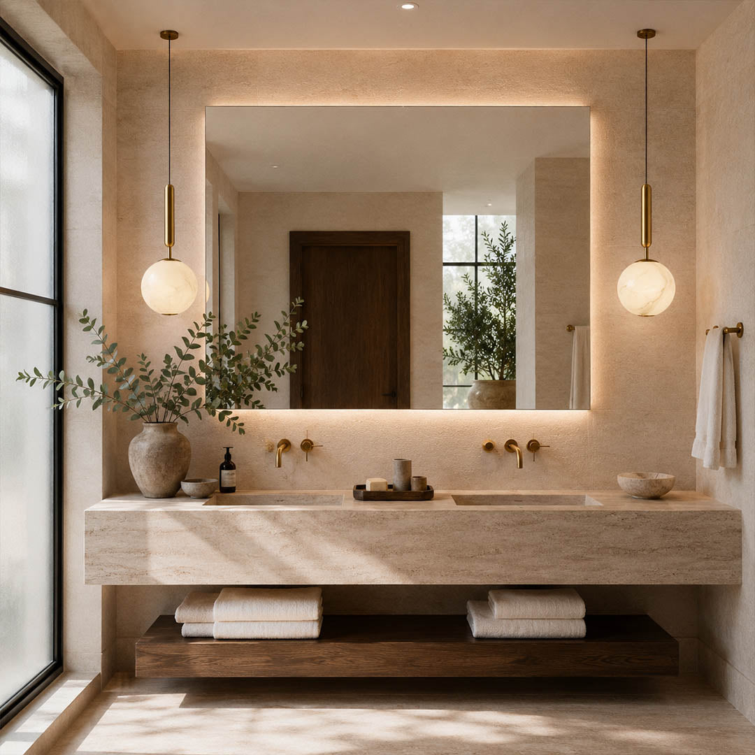 Sfera alabaster globe pendant light modern minimalist kitchen natural stone brass quiet luxury American home lifestyle interior styled