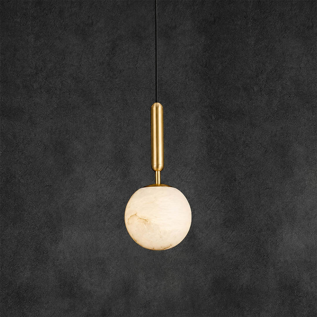 Sfera alabaster globe pendant light large single natural stone sphere brass stem black cord white background front view