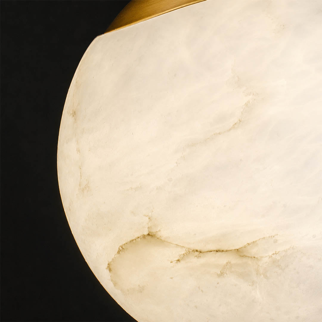 Sfera alabaster globe pendant light natural stone sphere organic veining unique pattern detail close up translucent craftsmanship
